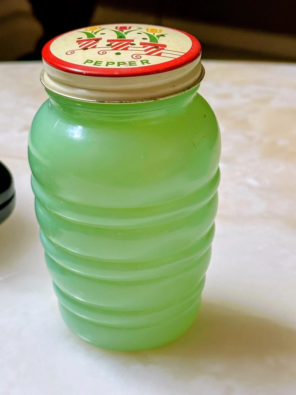 Fire King Jadeite Ribbed Glass Jars with Red Floral Lids